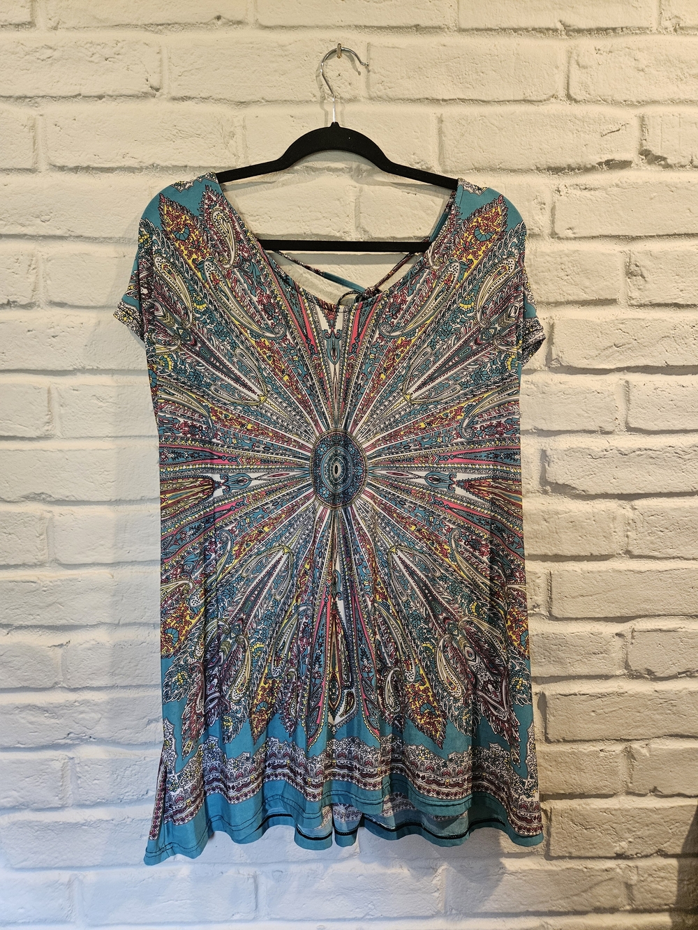 Boho Radiant Medallion V-Neck Womens Tunic Top - Turquoise Multi. Plus 2x 18/20